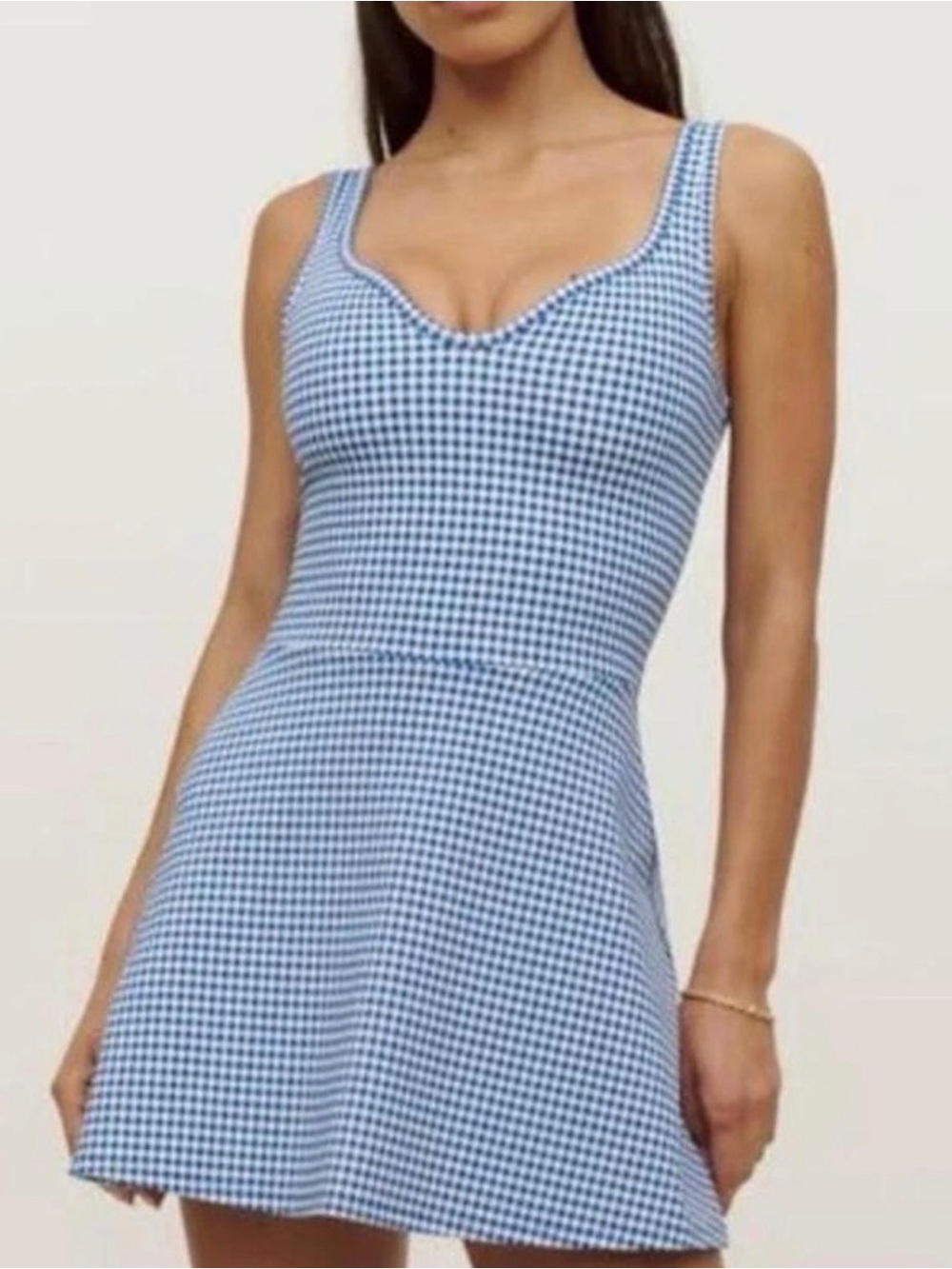 Reformation EcoMove Blue Gingham Scoop-Neck Mini Dress